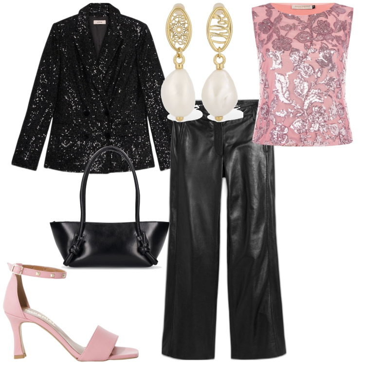 Outfit donna - Cerimonia di sera. per Serata fuori. Abbinamento con pantaloni, sandali col tacco, top, blazer, orecchini, borse a spalla.