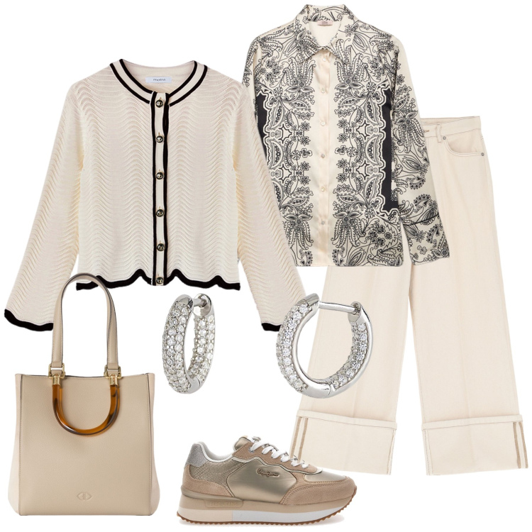 Outfit donna - Toni panna e beige. Stile Casual chic per Tutti i giorni. Abbinamento con orecchini, pantaloni, sneakers, cardigans, shopping bag, camicie.