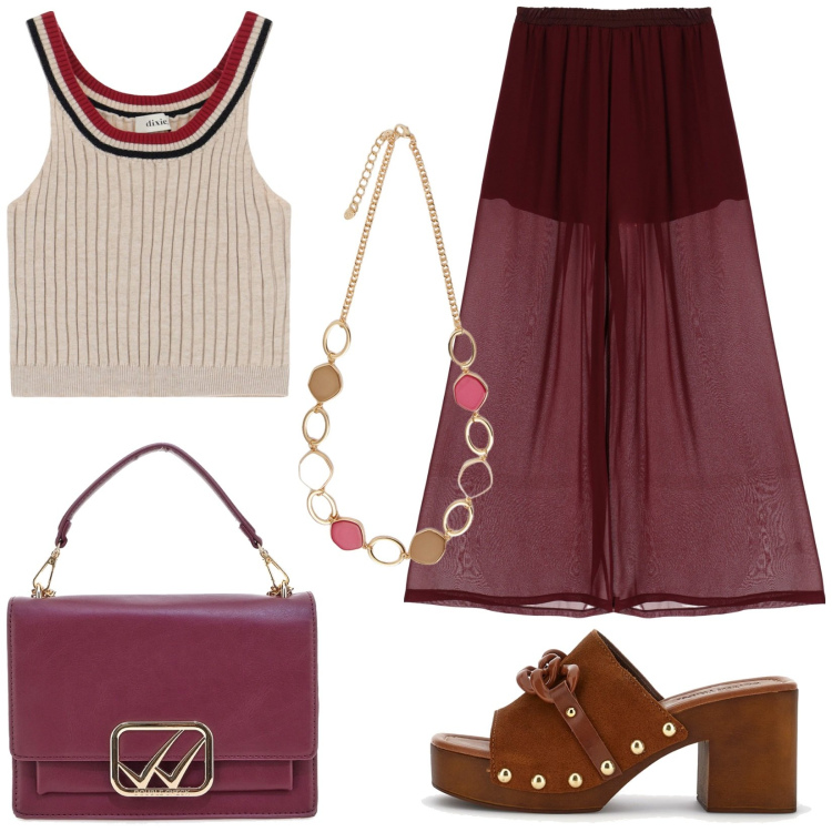 Outfit donna - Pantagonna e canotta. Stile Casual per Tutti i giorni. Abbinamento con pantaloni a palazzo, top, zoccoli, borse a tracolla, collane.