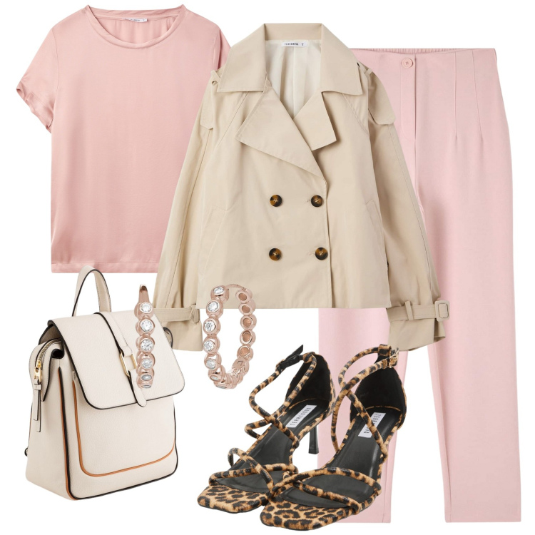 Outfit donna - Rosa pastello. Stile Casual chic per Tutti i giorni. Abbinamento con pantaloni chino, sandali col tacco, trench, t-shirt, orecchini, zaini.
