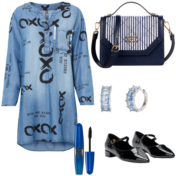 Outfit donna - Semplicemente. Stile Trendy per Tutti i giorni. Abbinamento con vestiti, mascara, orecchini, borse a mano, ballerine.