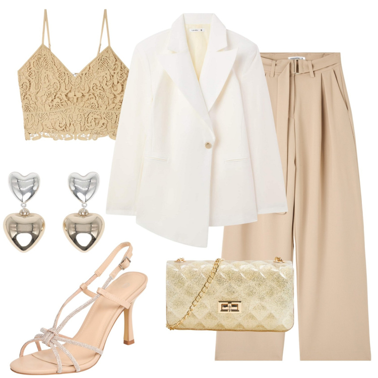 Outfit donna - Terranova occasioni speciali. Stile Chic per Cerimonia. Abbinamento con borse a tracolla, orecchini, blazer, pantaloni, top, sandali col tacco.