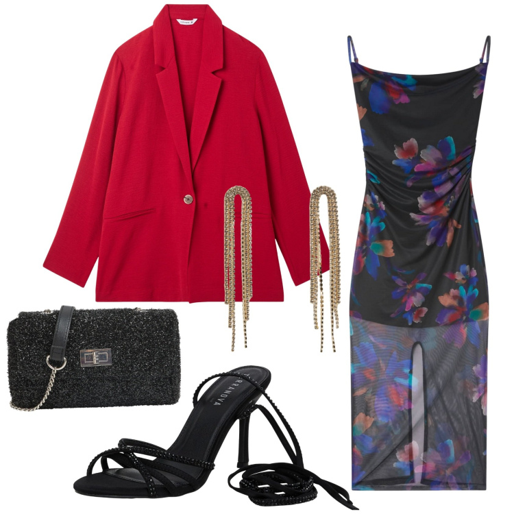 Outfit donna - Terranova occasioni speciali. Stile Glamour per Serata fuori. Abbinamento con blazer, vestiti lunghi, sandali alla schiava, orecchini, borse a tracolla.