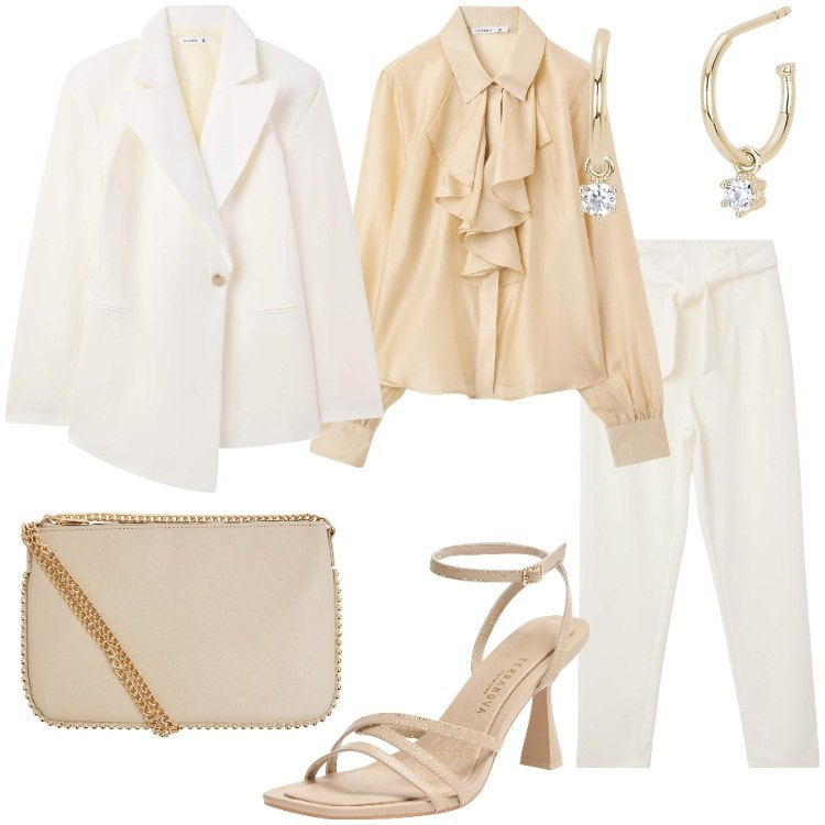 Outfit donna - Terranova - Occasioni speciali. Stile Chic per Cerimonia. Abbinamento con camicie, pantaloni chino, blazer, borse a tracolla, sandali col tacco, orecchini.