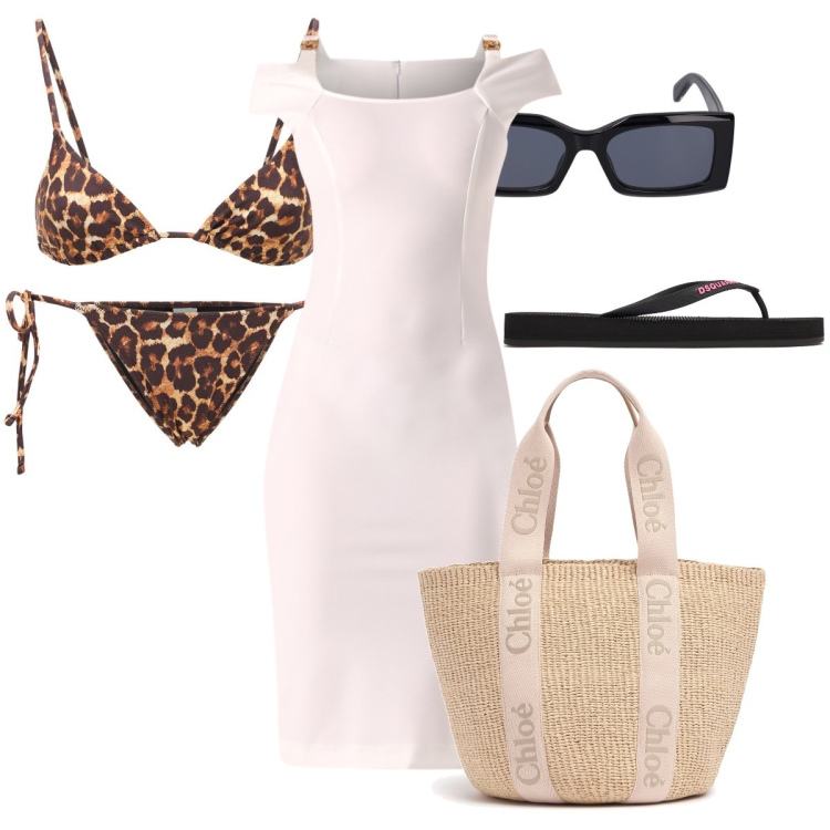 Outfit donna - Festa in spiaggia o in piscina. Stile Bon Ton per Mare. Abbinamento con vestiti a tubino, bikini, bikini, shopping bag, occhiali da sole, infradito.