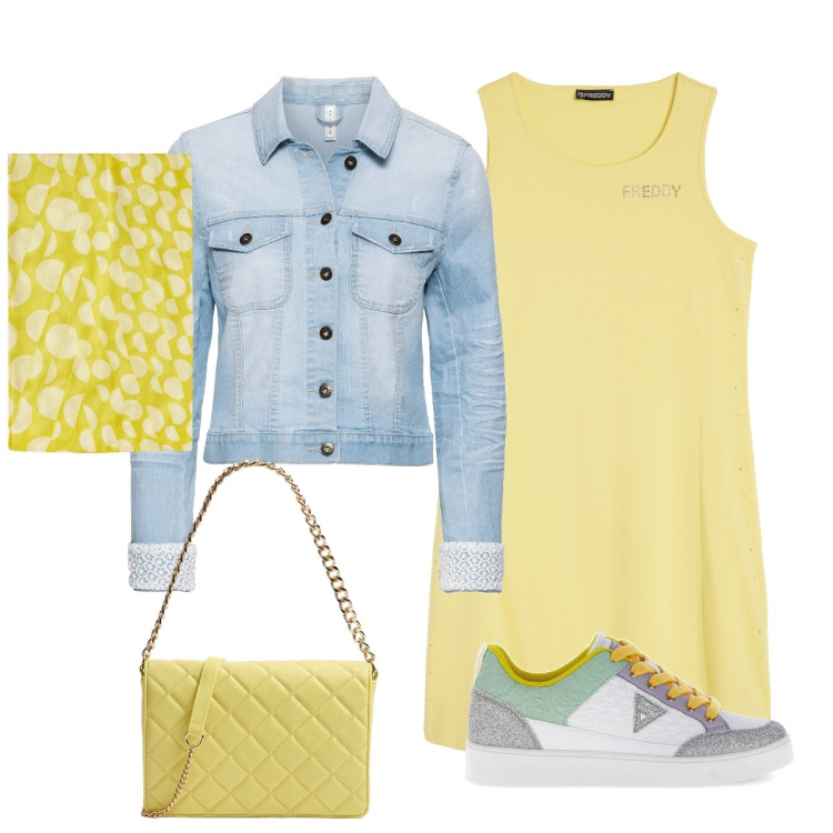 Outfit donna - Giallo burro primavera 2025. Stile Casual chic per Tutti i giorni. Abbinamento con blazer, borse a tracolla, vestiti senza maniche, stole, sneakers.