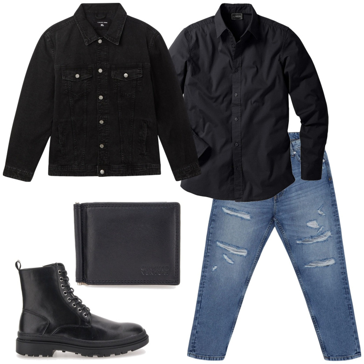 Outfit uomo - Aperitivo con gli amici. Stile Trendy per Serata speciale. Abbinamento con camicie, jeans strappati, giacche, anfibi, portafogli.