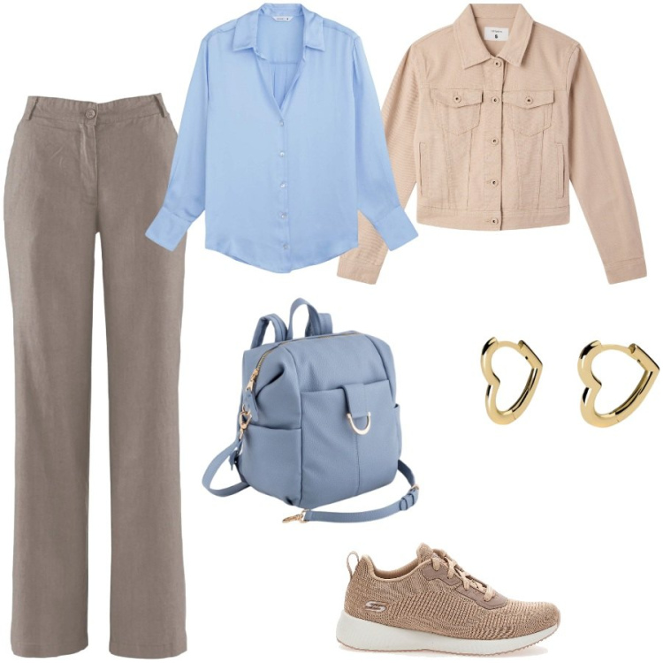 Outfit donna - Mocha mousse. Stile Casual chic per Ufficio. Abbinamento con pantaloni, camicie, blazer, orecchini, sneakers, zaini.