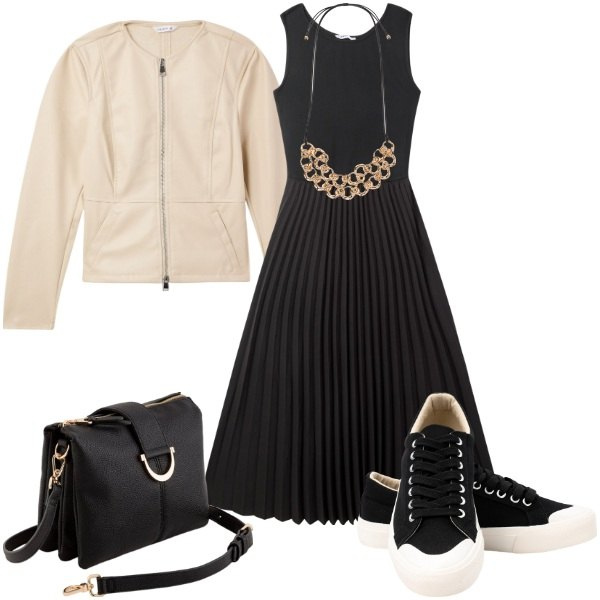 Outfit donna - Chic & Comodo Eleganza Casual. Stile Casual chic per Tutti i giorni. Abbinamento con blazer, vestiti lunghi, sneakers, collane, borse a tracolla.