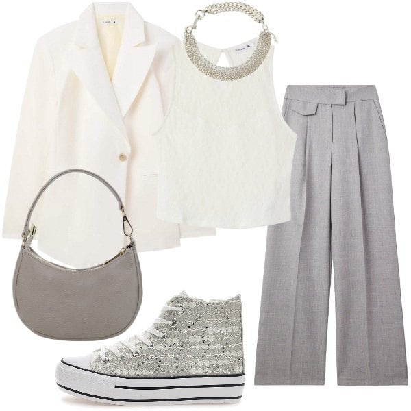 Outfit donna - Eleganza Moderna in Grigio e Bianco. Stile Casual chic per Serata fuori. Abbinamento con pantaloni, top, blazer, borse a spalla, collane, sneakers alte.