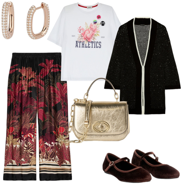 Outfit donna - Pantaloni fantasia. per Tutti i giorni. Abbinamento con orecchini, t-shirt, cardigans, pantaloni, ballerine, borse a tracolla.