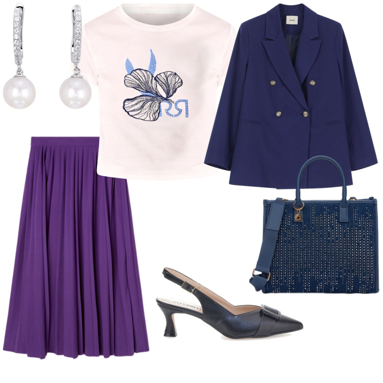 Outfit donna - La gonna viola. per Ufficio. Abbinamento con orecchini, t-shirt, blazer, décolleté, gonne longuette, borse a mano.