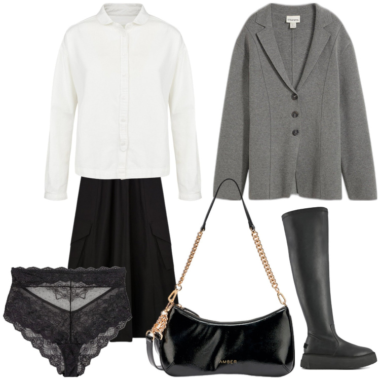 Outfit donna - Il blazer di maglia. Stile Urban per Tutti i giorni. Abbinamento con culotte, cardigans, stivali sopra il ginocchio, gonne, camicie, borse a tracolla.