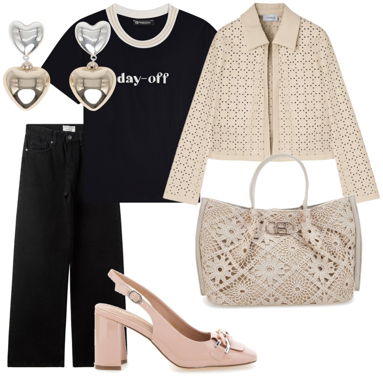 Outfit donna - Buongiorno professoressa. per Scuola/Università. Abbinamento con orecchini, jeans, t-shirt, décolleté, blazer, borse a tracolla.