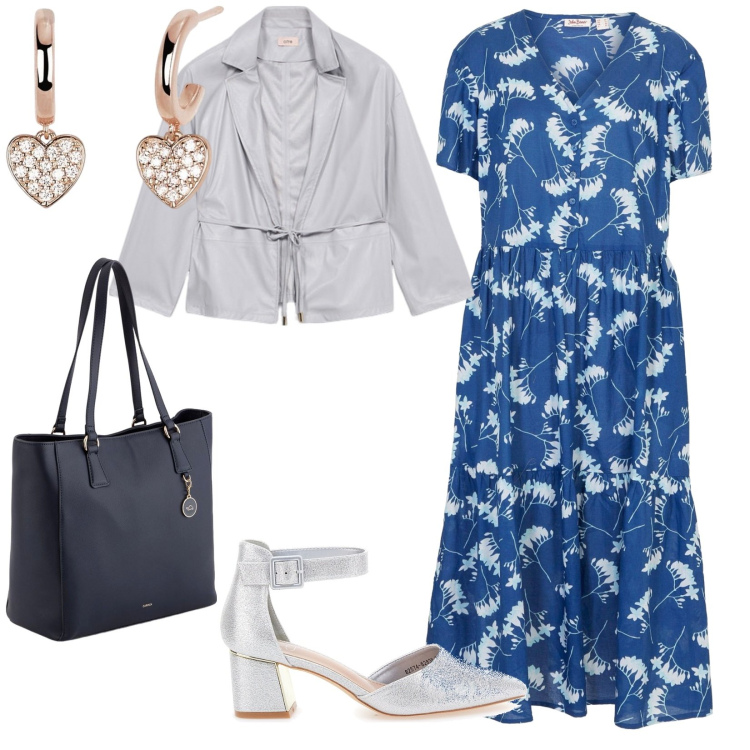 Outfit donna - Apericena. per Serata fuori. Abbinamento con vestiti midi/longuette, orecchini, décolleté, blazer, shopping bag.