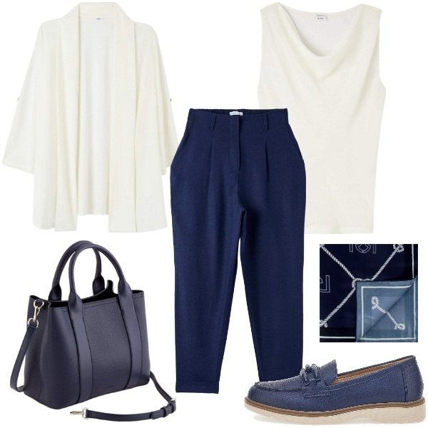 Outfit donna - Chic Nautico in Blu e Bianco. Stile Casual chic per Tutti i giorni. Abbinamento con top, pantaloni chino, blazer, foulard, mocassini, borse a mano.