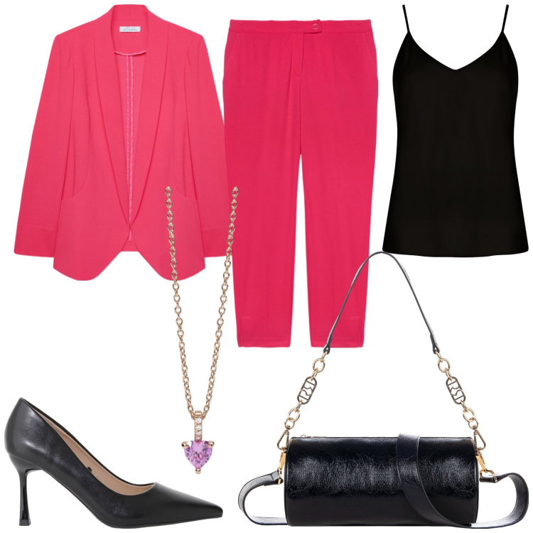 Outfit donna - Tailleur sartoriali. Stile Chic per Cerimonia. Abbinamento con ciondoli, top, borse a mano, décolleté, pantaloni, blazer.