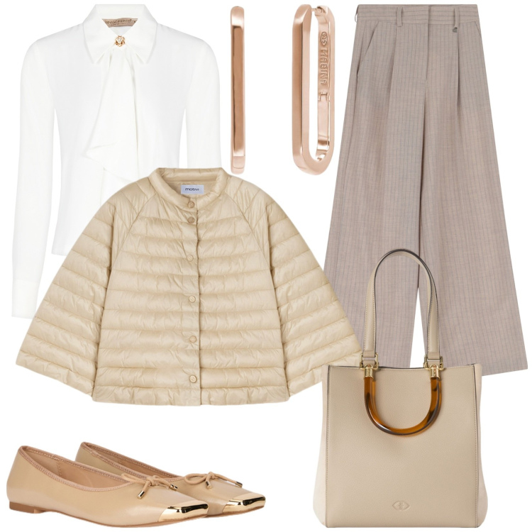 Outfit donna - Ballerine in primavera. Stile Casual chic per Ufficio. Abbinamento con orecchini, bluse, pantaloni a palazzo, ballerine, shopping bag, cappe.