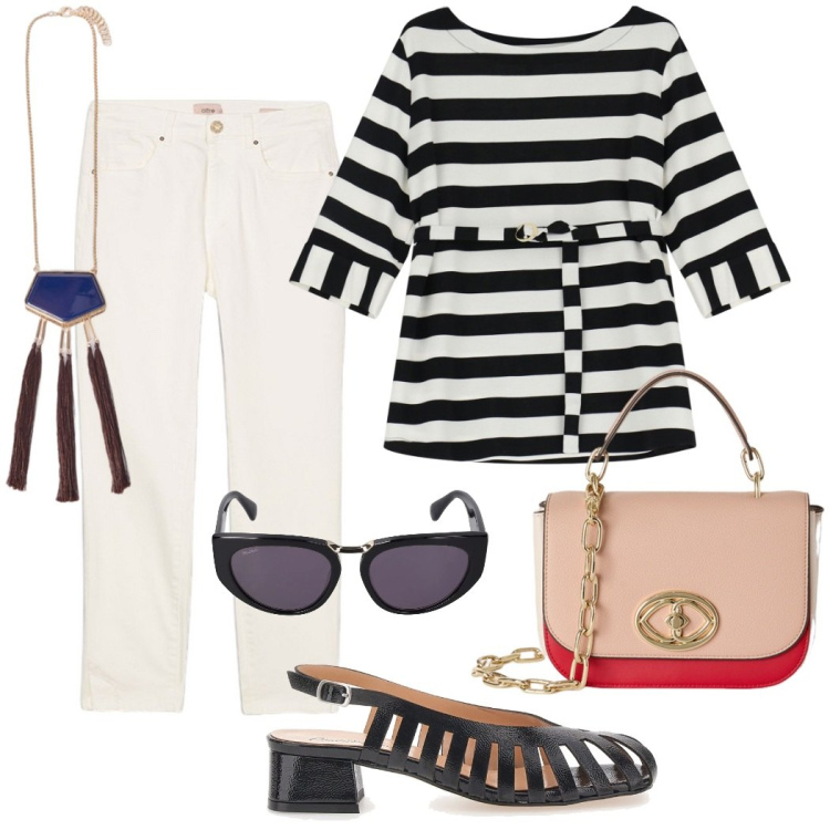 Outfit donna - Righe eleganti. Stile Chic per Cerimonia. Abbinamento con felpe, décolleté, pantaloni skinny, borse a tracolla, ciondoli, occhiali da sole.