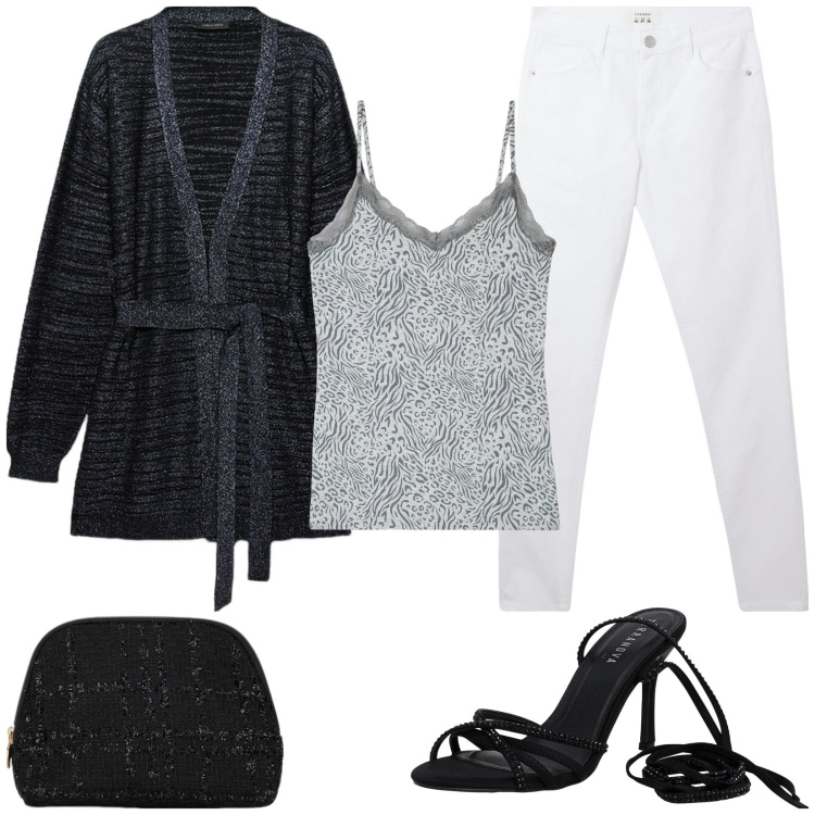 Outfit donna - Casual chic. Stile Casual chic per Tutti i giorni. Abbinamento con top, pantaloni, sandali alla schiava, cardigans, pochette.
