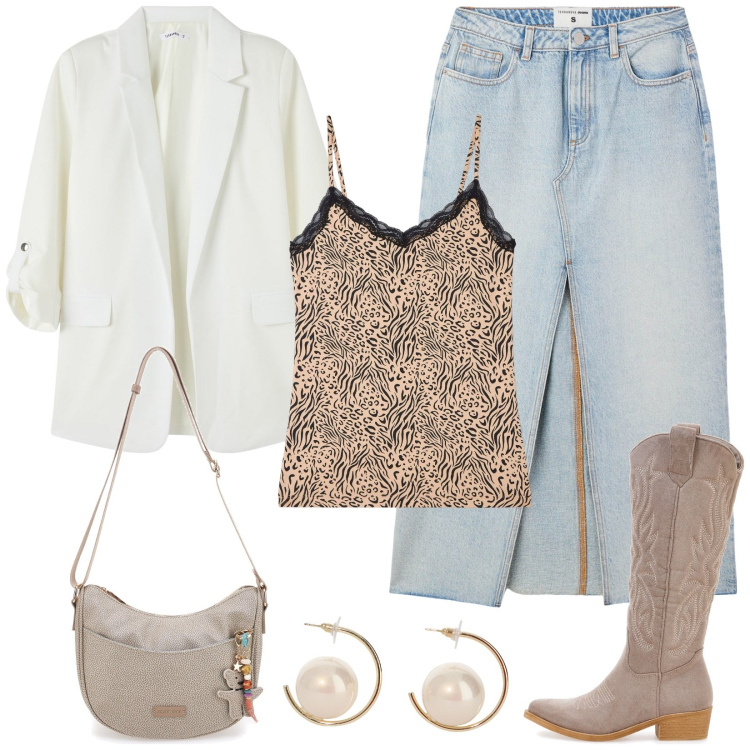 Outfit donna - Longuette di jeans. Stile Casual per Tutti i giorni. Abbinamento con gonne lunghe, canottiere, blazer, orecchini, stivali, borse a tracolla.