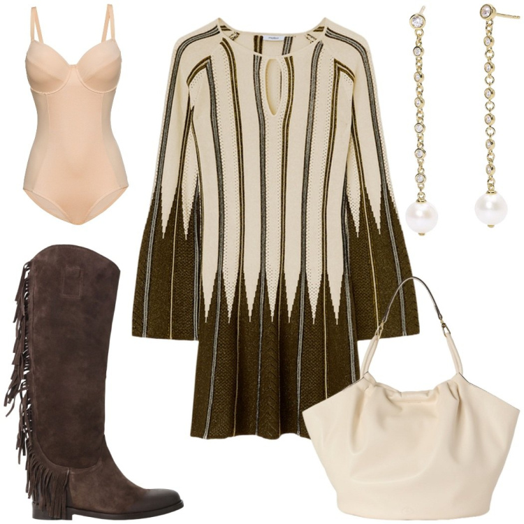 Outfit donna - Il vestito a righe in maglia plissé. Stile Etnico per Serata fuori. Abbinamento con body, orecchini, stivali, vestiti corti, borse a secchiello.