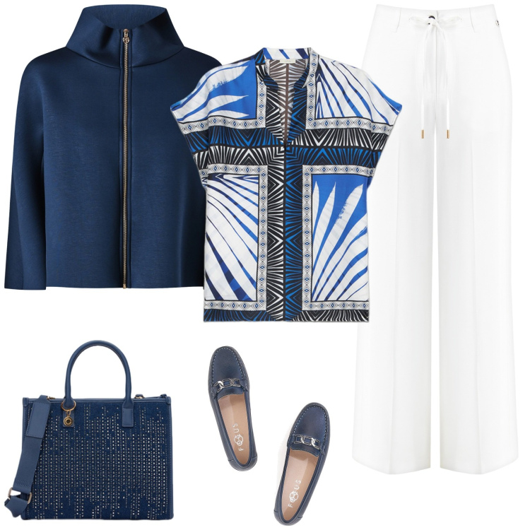 Outfit donna - Cappa blu. Stile Sporty chic per Tutti i giorni. Abbinamento con cappe, pantaloni, mocassini, bluse, borse a mano.