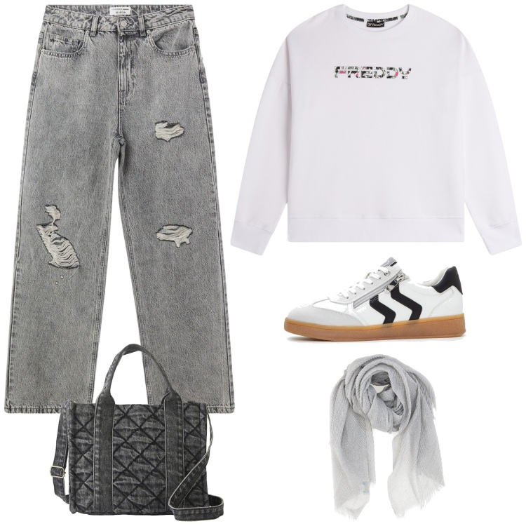 Outfit donna - Jeans vissuto. Stile Urban per Scuola/Università. Abbinamento con borse a mano, sneakers, jeans strappati, felpe con cappuccio, foulard.