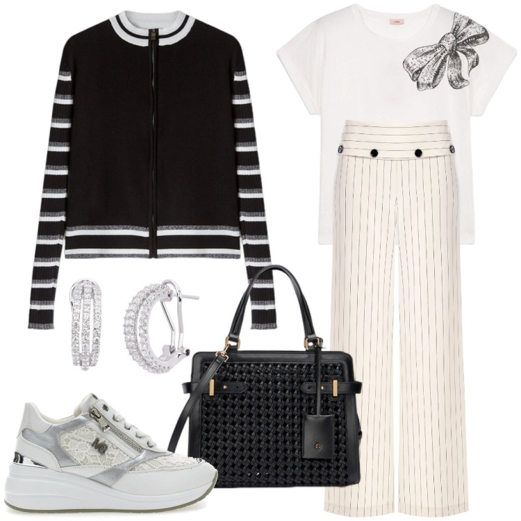 Outfit donna - Urban style a righe. Stile Chic per Ufficio. Abbinamento con orecchini, pantaloni, scarpe stringate, t-shirt, cardigans, borse a mano.