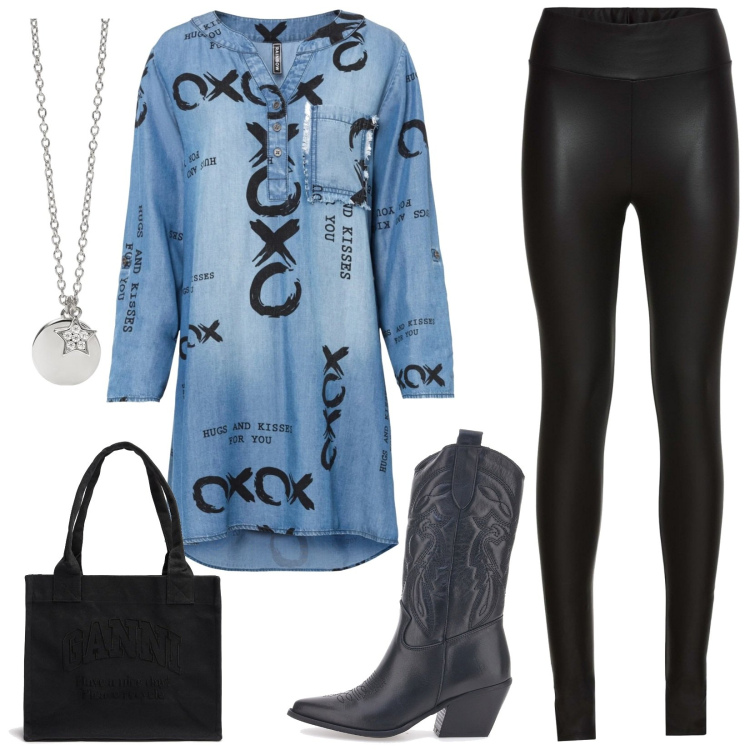 Outfit donna - Chemisier e leggins. Stile Urban per Tutti i giorni. Abbinamento con treggings, vestiti, ciondoli, stivaletti texani, shopping bag.
