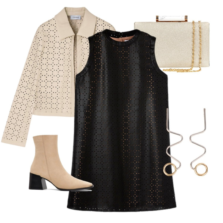 Outfit donna - Tessuto spalmato traforato. Stile Bon Ton per Serata fuori. Abbinamento con stivaletti, clutch, orecchini, vestiti a tubino, blazer.