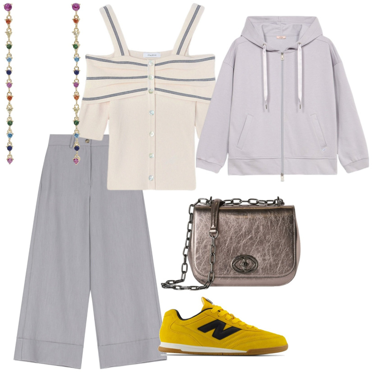 Outfit donna - Passeggiata con Jenny. per Tutti i giorni. Abbinamento con pantaloni a palazzo, orecchini, sneakers, top, felpe con cappuccio, borse a tracolla.