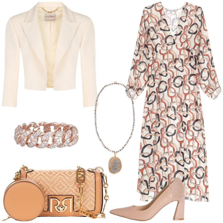 Outfit donna - Cerimonie primaverili. Stile Glamour per Cerimonia. Abbinamento con anelli, bolero, borse a tracolla, vestiti midi/longuette, décolleté, ciondoli.
