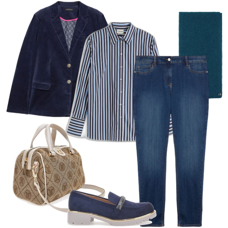 Outfit donna - La giacca in velluto. Stile Casual chic per Ufficio. Abbinamento con camicie, stole, mocassini, jeans skinny, borse a mano, blazer.