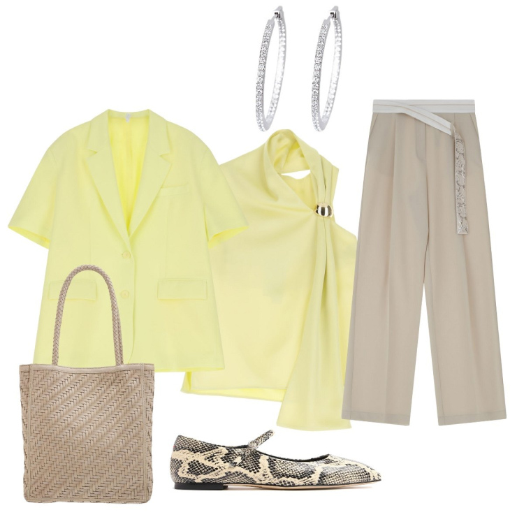 Outfit donna - Delicato giallo burro. Stile Chic per Tutti i giorni. Abbinamento con orecchini, top, pantaloni, blazer, borse tote, ballerine.