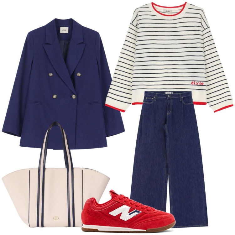 Outfit donna - Urban style. Stile Casual chic per Tutti i giorni. Abbinamento con sneakers, jeans, maglieria, blazer, shopping bag.