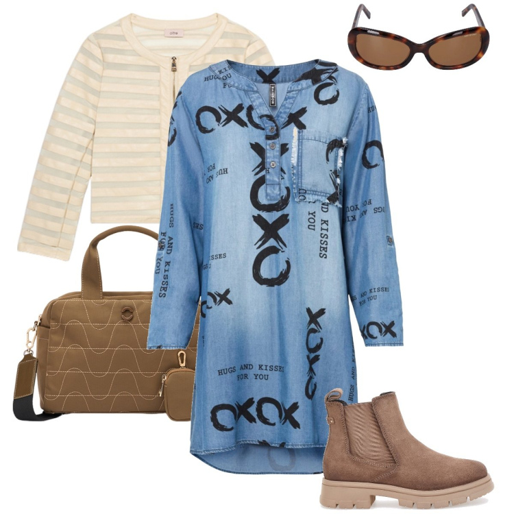 Outfit donna - Il vestito in jeans. Stile Preppy per Tutti i giorni. Abbinamento con vestiti, stivaletti chelsea, blazer, borse a mano, occhiali da sole.