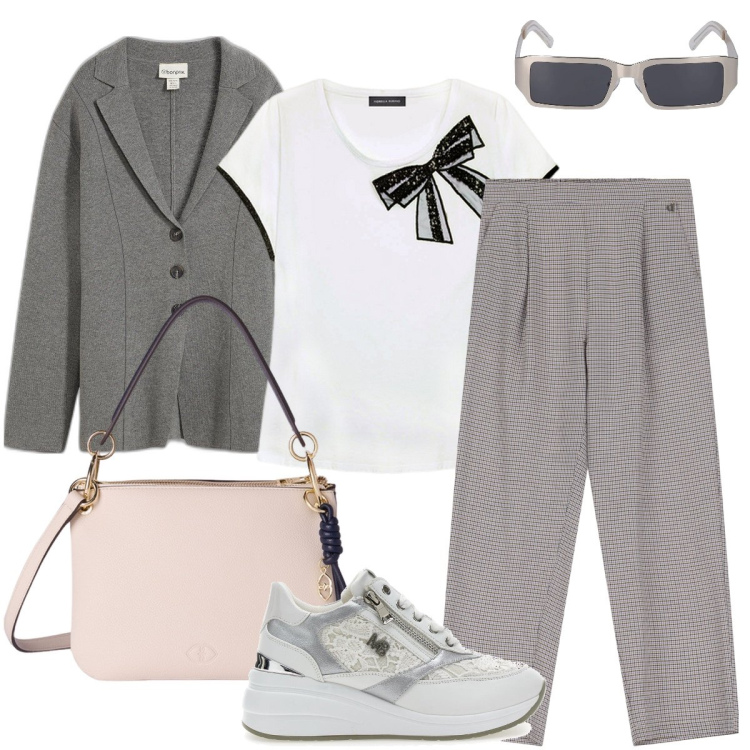 Outfit donna - La t-shirt col fiocco. Stile Trendy per Ufficio. Abbinamento con cardigans, pantaloni, scarpe stringate, occhiali da sole, t-shirt, borse a tracolla.