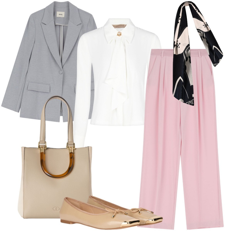 Outfit donna - Punta dorata. Stile Romantica per Ufficio. Abbinamento con pantaloni, blazer, sciarpe, bluse, ballerine, shopping bag.