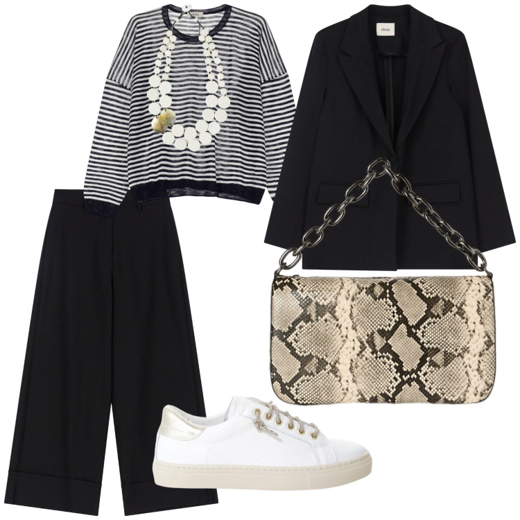 Outfit donna - La borsa in evidenza. per Serata fuori. Abbinamento con ciondoli, sneakers, pantaloni a palazzo, maglieria, blazer, borse a tracolla.