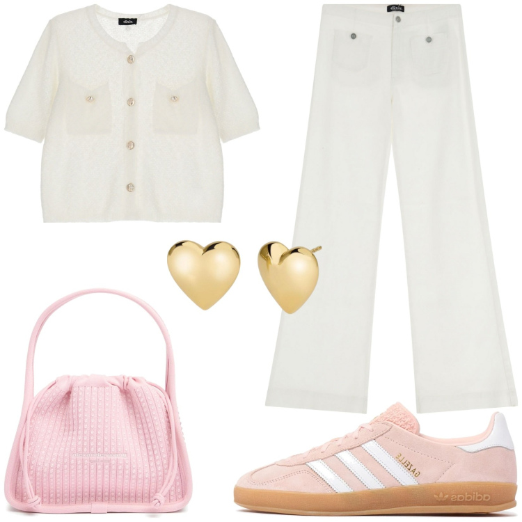 Outfit donna - Pink and White. Stile Casual chic per Tutti i giorni. Abbinamento con orecchini, pantaloni a palazzo, cardigans, sneakers, borse a mano.