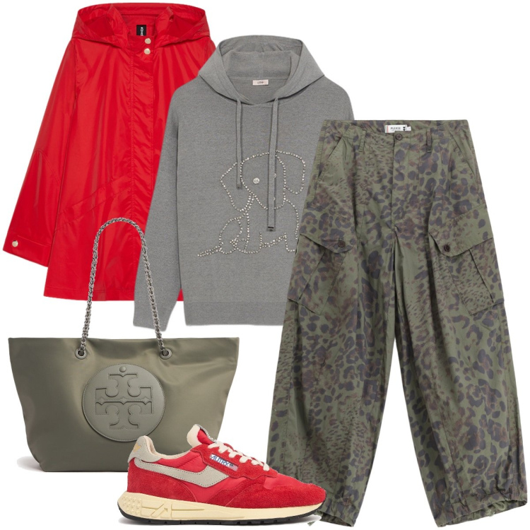 Outfit donna - A spasso con Fufy. Stile Trendy per Tutti i giorni. Abbinamento con pantaloni cargo, parka, sneakers, shopping bag, maglieria.