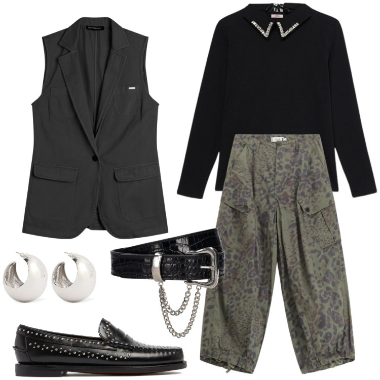 Outfit donna - Trendy coi pantaloni balloon. Stile Urban per Serata fuori. Abbinamento con pantaloni cargo, gilet, cinture, orecchini, mocassini, t-shirt.