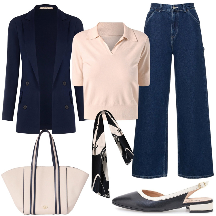 Outfit donna - Lavoro e tempo libero. Stile Casual chic per Tutti i giorni. Abbinamento con blazer, sciarpe, polo, ballerine, pantaloni, shopping bag.