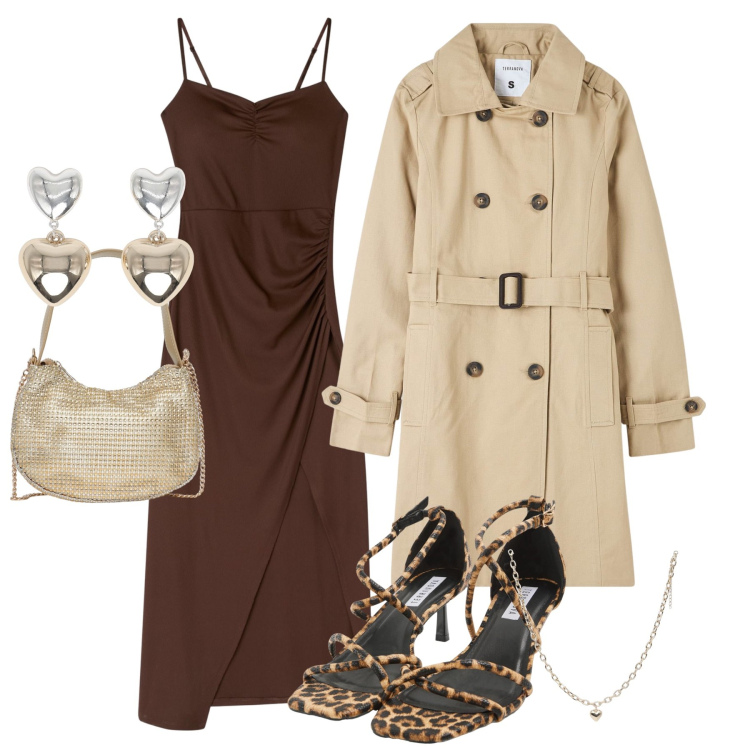 Outfit donna - Terranova - Occasioni speciali. Stile Chic per Serata fuori. Abbinamento con trench, sandali col tacco, collane, orecchini, vestiti lunghi, borse a spalla.