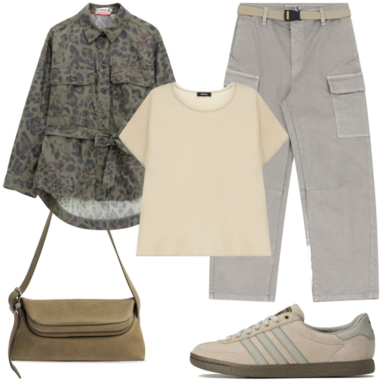 Outfit donna - Military chic. Stile Military per Tutti i giorni. Abbinamento con pantaloni chino, blazer, t-shirt, borse a spalla, sneakers.