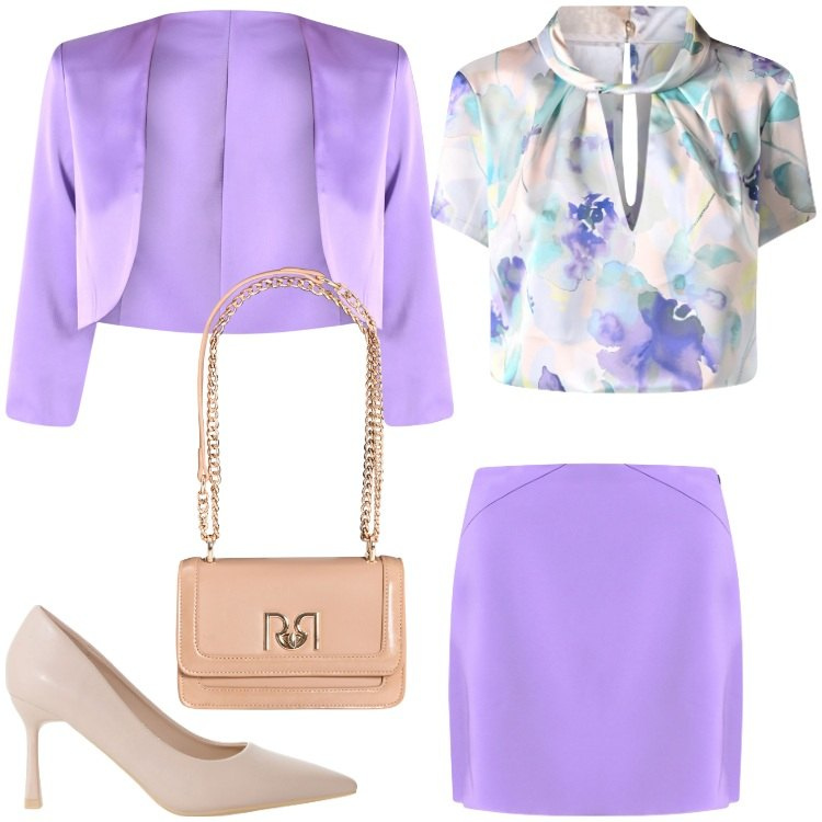 Outfit donna - Fiori di lilla´. Stile Chic per Cerimonia. Abbinamento con décolleté, bluse, minigonne, bolero, borse a tracolla.
