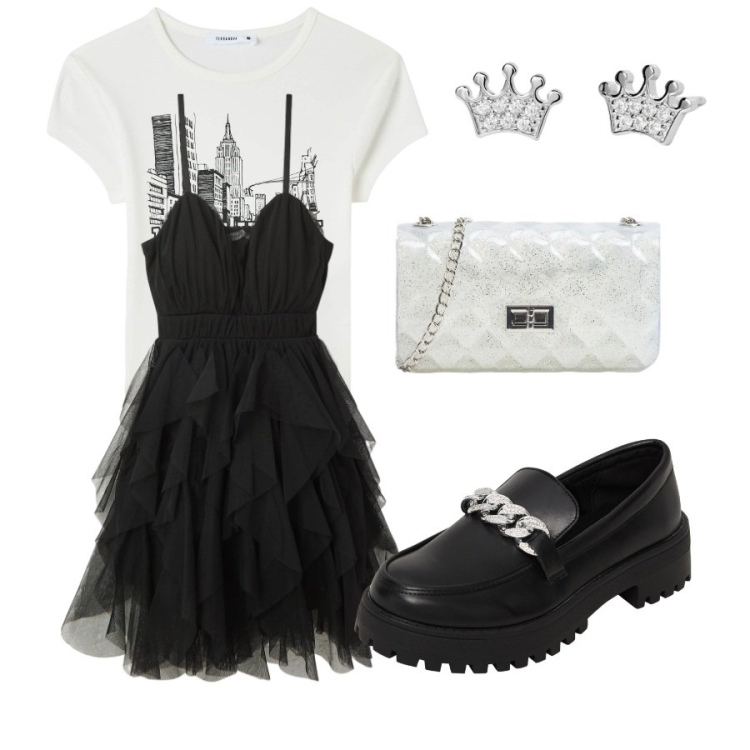 Outfit donna - Terranova - Occasioni speciali. Stile Trendy per Serata fuori. Abbinamento con borse a tracolla, vestiti corti, mocassini, t-shirt, orecchini.