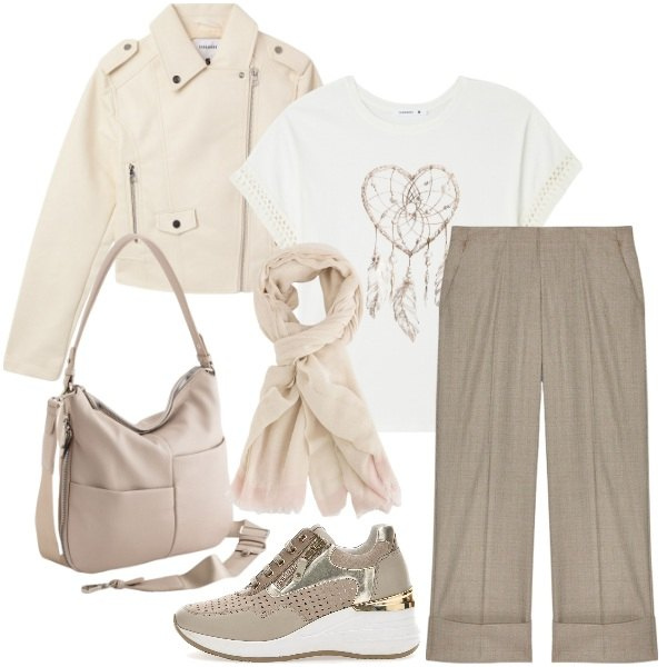 Outfit donna - Eleganza Casual in Tinte Neutre. Stile Casual per Tutti i giorni. Abbinamento con giacche, t-shirt, sneakers, pantaloni, borse a tracolla, portafogli.