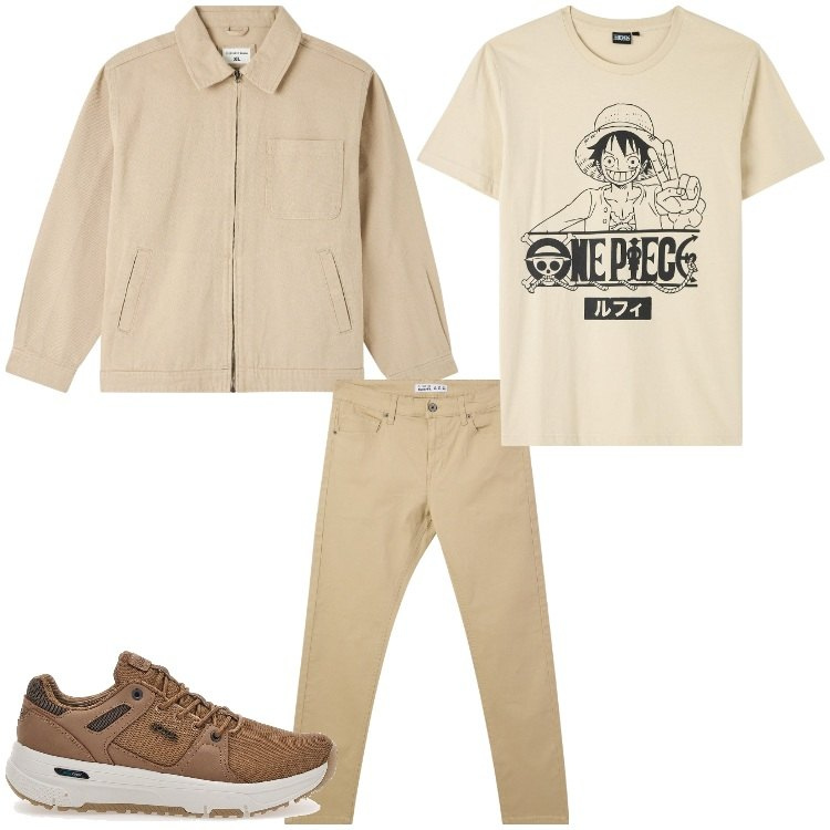 Outfit uomo - Primavera in beige. Stile Casual per Tutti i giorni. Abbinamento con giacche, pantaloni skinny, t-shirt, sneakers.